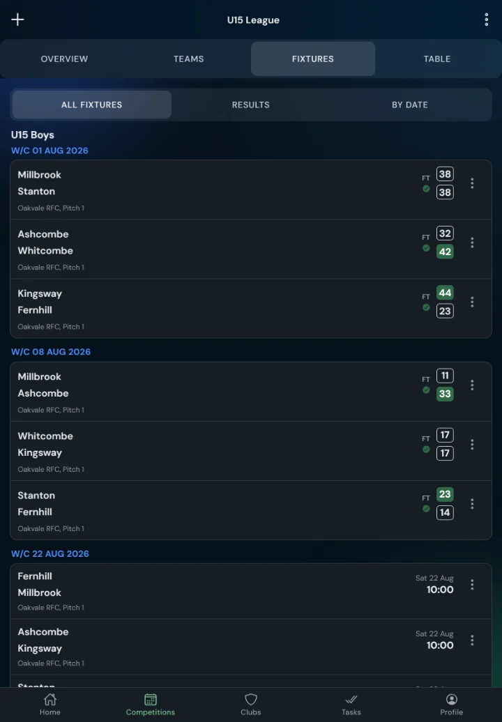 LeagueHub365 fixtures for a rugby union league: full-time scores, confirmed results and upcoming games with venue (tablet)