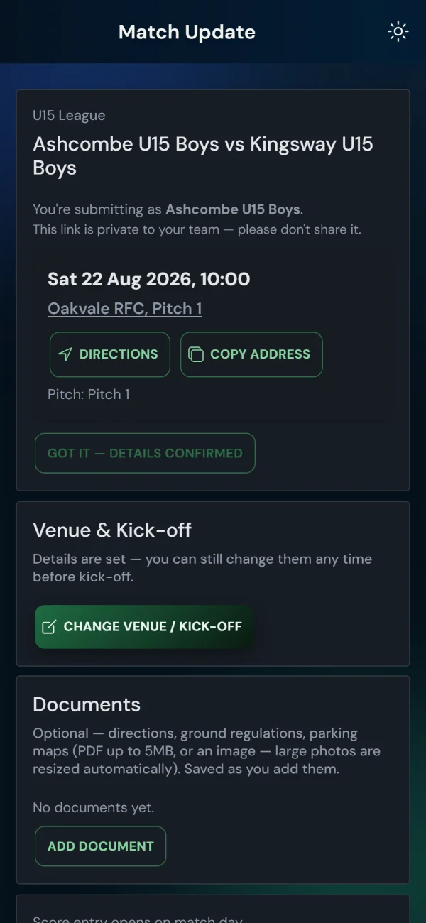 LeagueHub365 team match page for a rugby union fixture: venue and kick-off, directions, details confirmation, score entry — no login (phone)