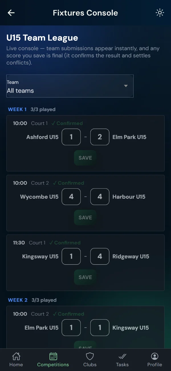 LeagueHub365 fixtures console for a squash league: every fixture in one list with in-place score entry (phone)