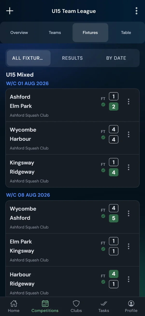 LeagueHub365 fixtures for a squash league: full-time scores, confirmed results and upcoming games with venue (phone)