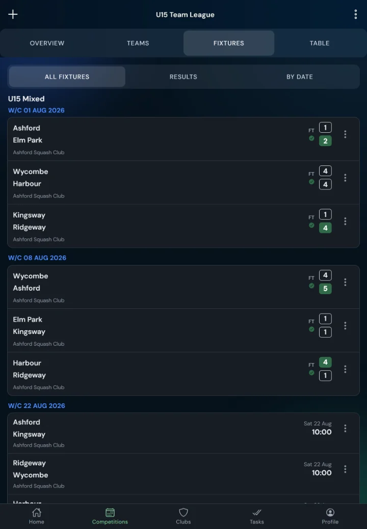 LeagueHub365 fixtures for a squash league: full-time scores, confirmed results and upcoming games with venue (tablet)