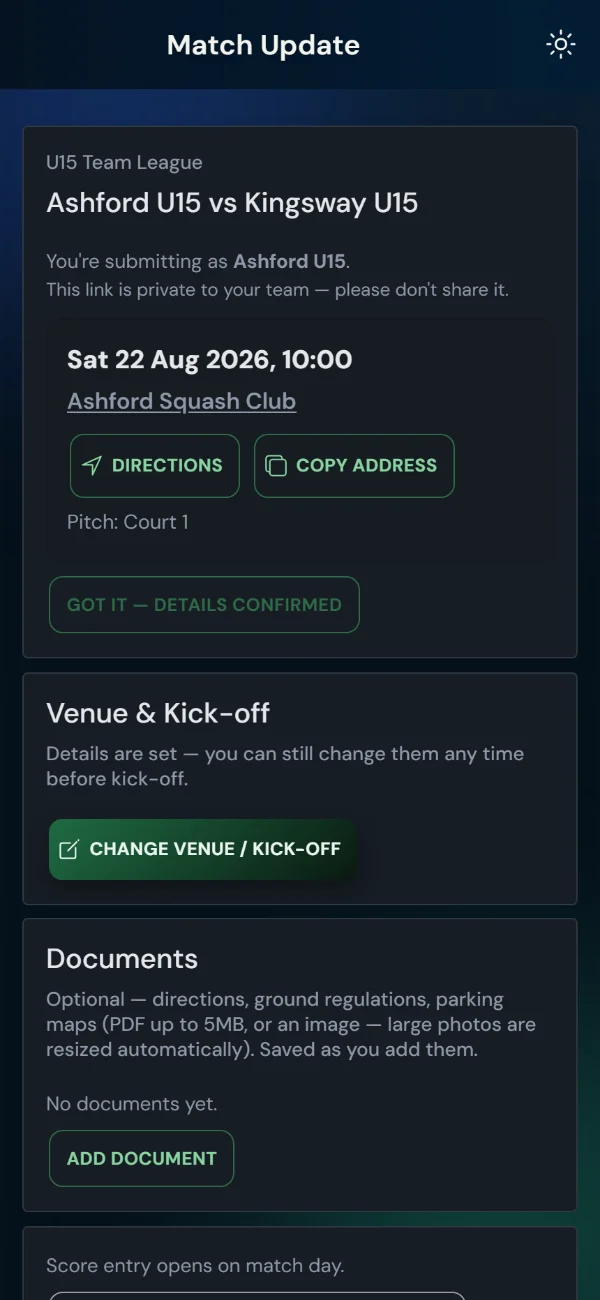 LeagueHub365 team match page for a squash fixture: venue and kick-off, directions, details confirmation, score entry — no login (phone)