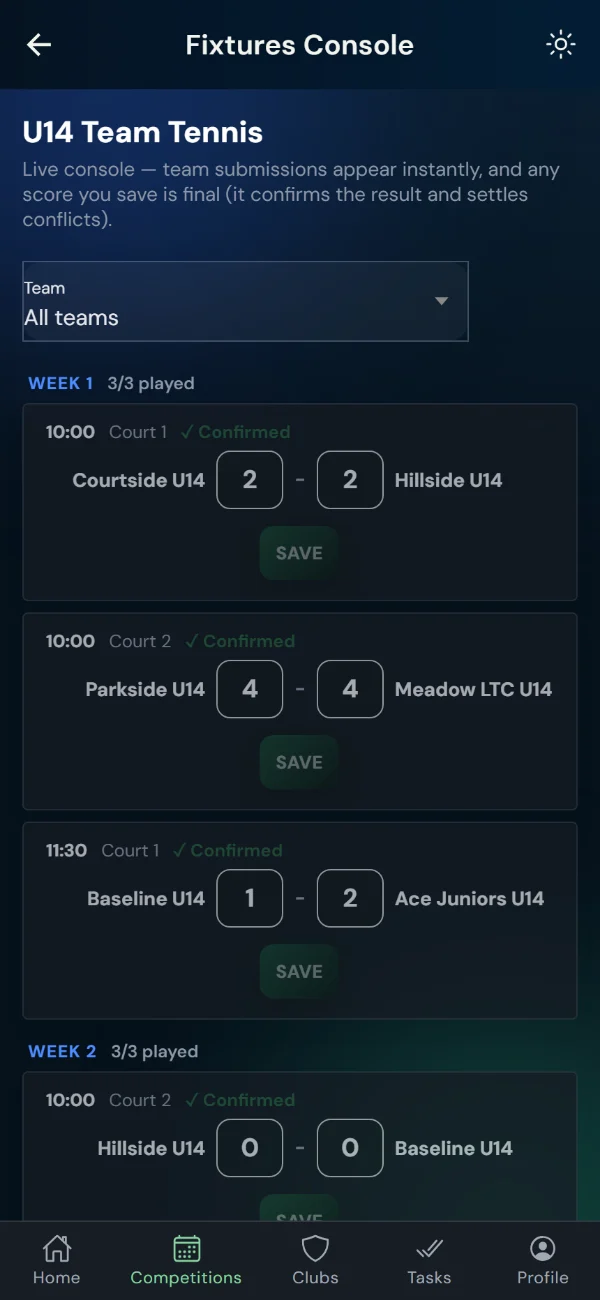 LeagueHub365 fixtures console for a tennis league: every fixture in one list with in-place score entry (phone)