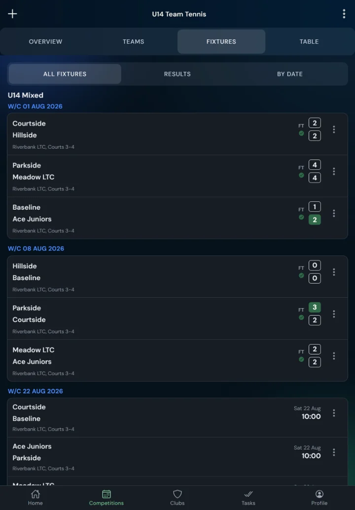 LeagueHub365 fixtures for a tennis league: full-time scores, confirmed results and upcoming games with venue (tablet)