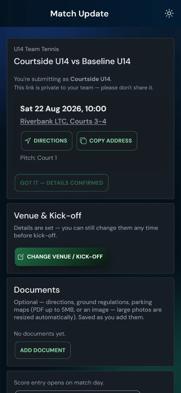LeagueHub365 team match page for a tennis fixture: venue and kick-off, directions, details confirmation, score entry — no login (phone)