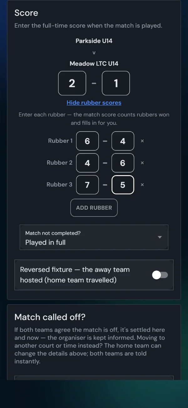 LeagueHub365 rubber-by-rubber score entry for a tennis tie: each rubber entered separately, the tie score computed automatically (phone)