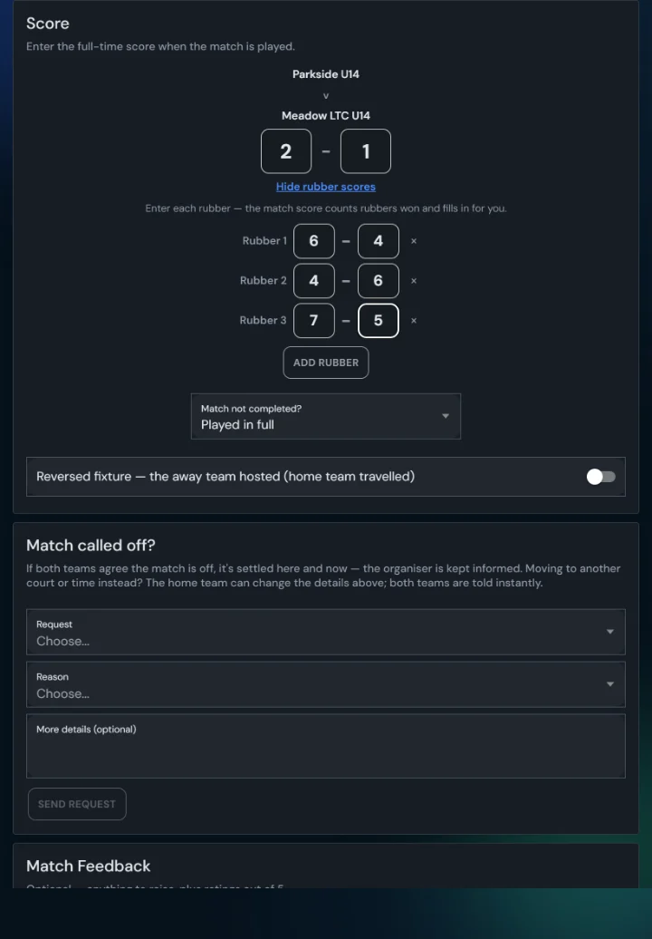 LeagueHub365 rubber-by-rubber score entry for a tennis tie: each rubber entered separately, the tie score computed automatically (tablet)