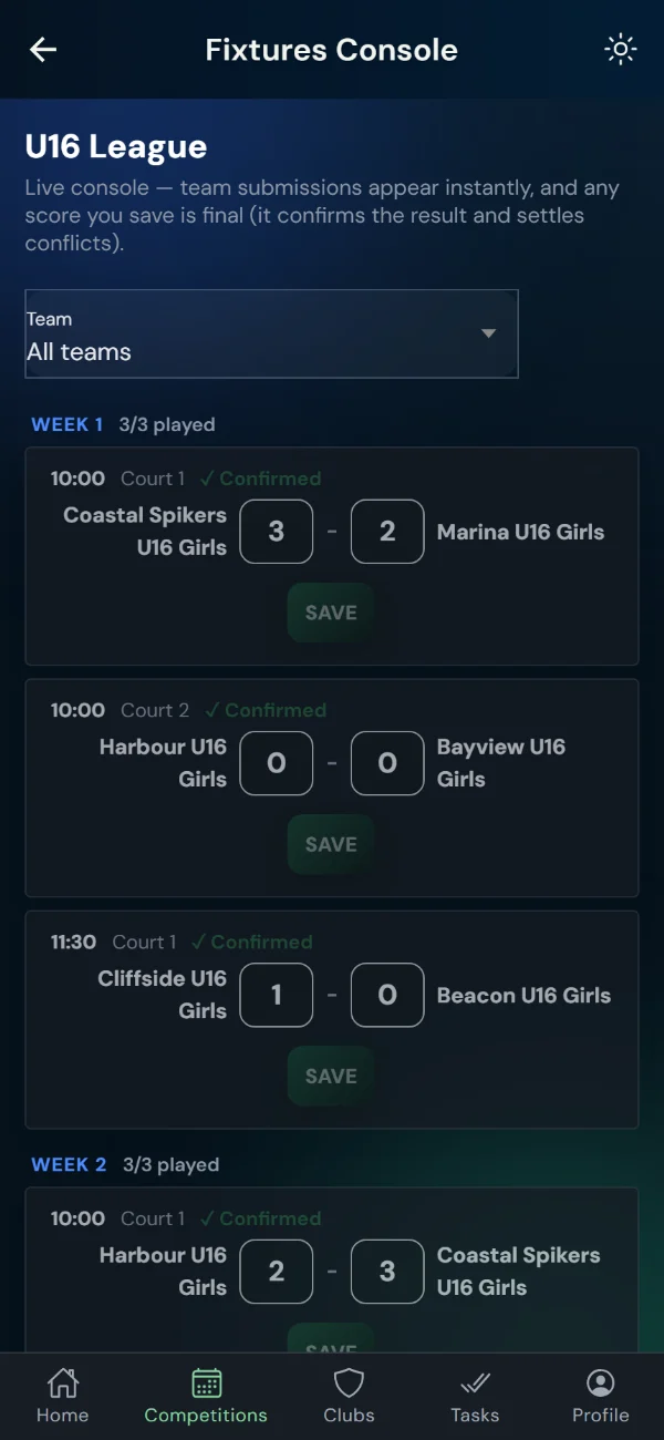 LeagueHub365 fixtures console for a volleyball league: every fixture in one list with in-place score entry (phone)