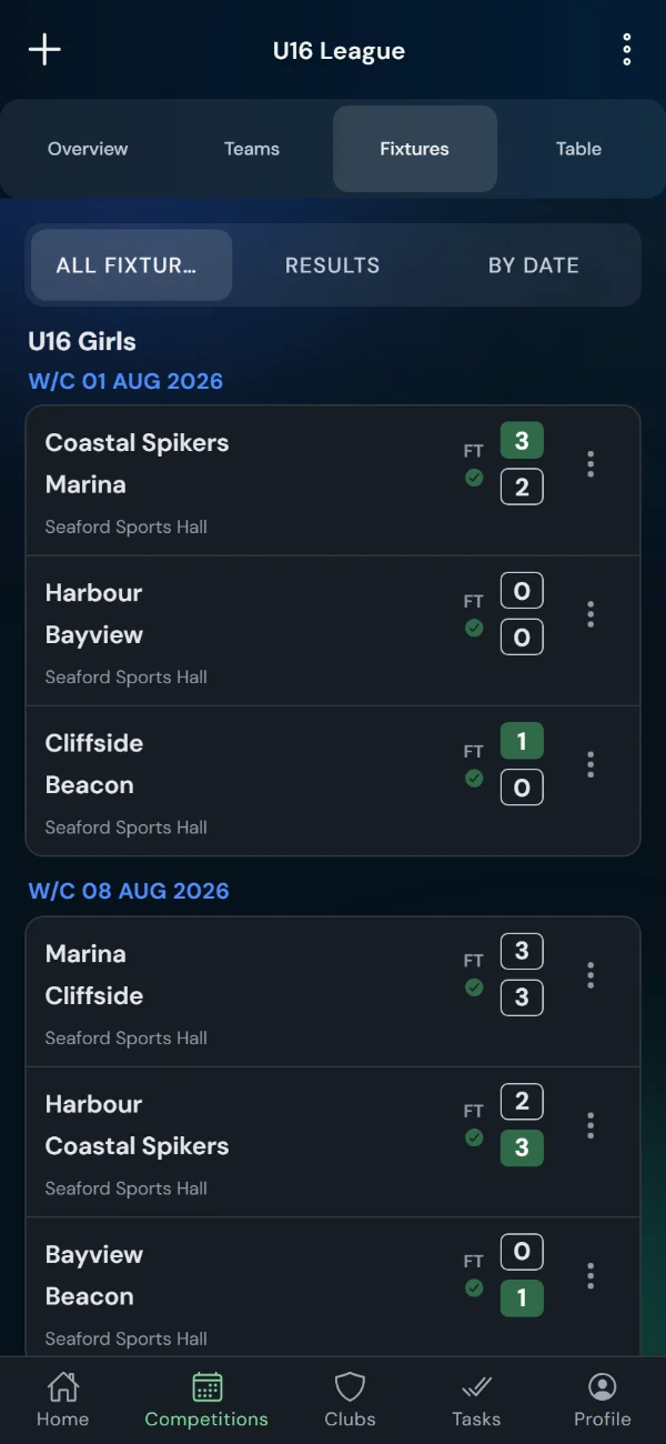 LeagueHub365 fixtures for a volleyball league: full-time scores, confirmed results and upcoming games with venue (phone)