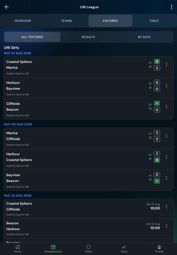 LeagueHub365 fixtures for a volleyball league: full-time scores, confirmed results and upcoming games with venue (tablet)