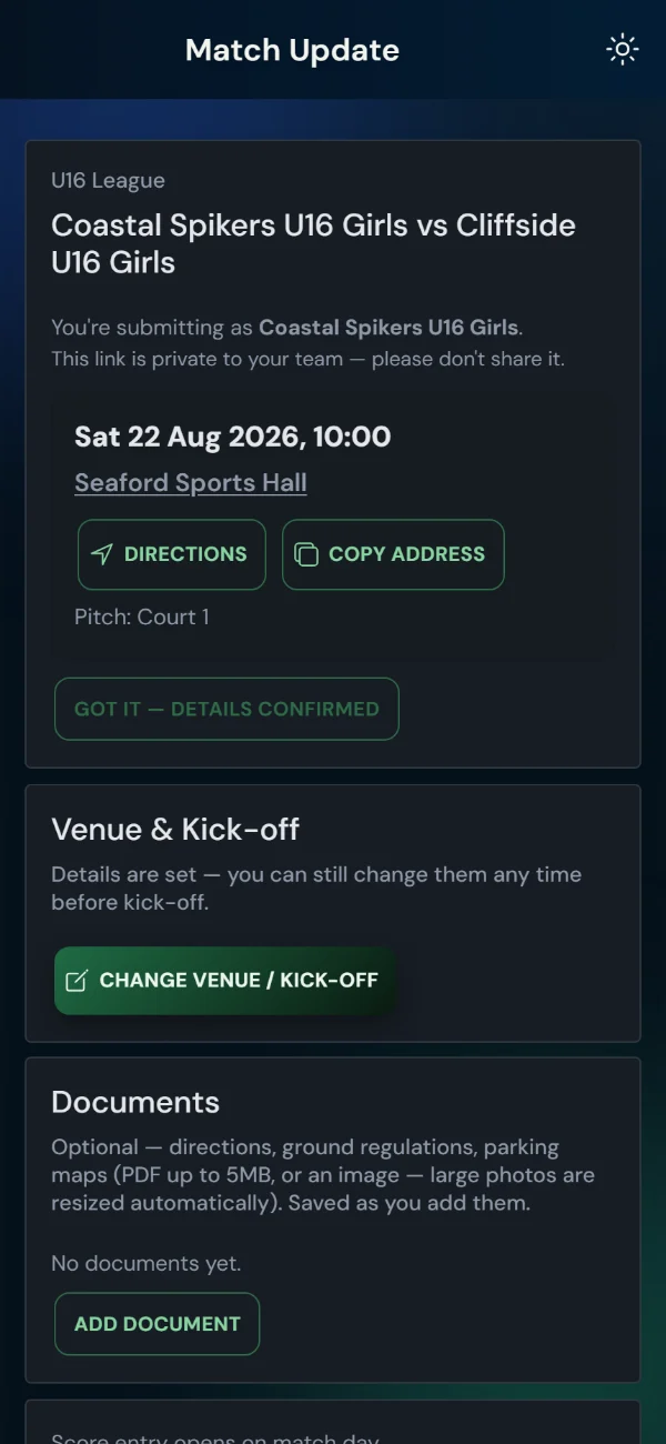 LeagueHub365 team match page for a volleyball fixture: venue and kick-off, directions, details confirmation, score entry — no login (phone)