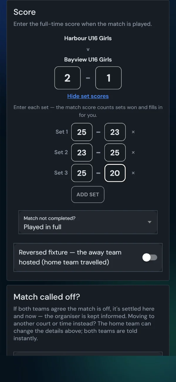 LeagueHub365 set-by-set score entry for a volleyball match: each set entered separately, the match score computed automatically (phone)
