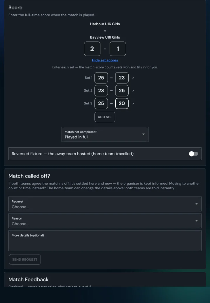 LeagueHub365 set-by-set score entry for a volleyball match: each set entered separately, the match score computed automatically (tablet)