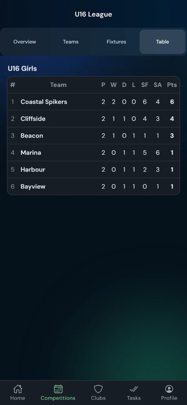 LeagueHub365 live league table for a volleyball league (phone)