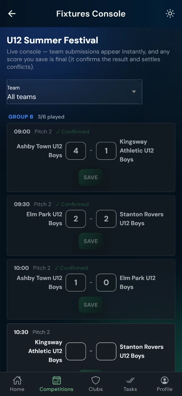 LeagueHub365 fixtures console for a tournament: two groups across two pitches, live scores (phone)