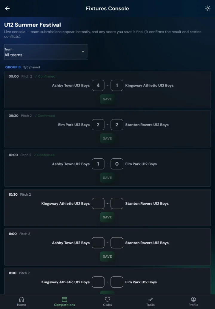 LeagueHub365 fixtures console for a tournament: two groups across two pitches, live scores (tablet)