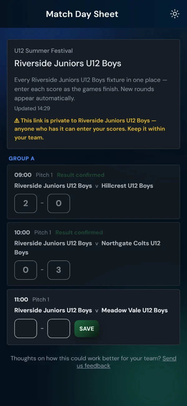 LeagueHub365 team day sheet for a tournament: every game for one team with pitch, kick-off and inline score entry (phone)