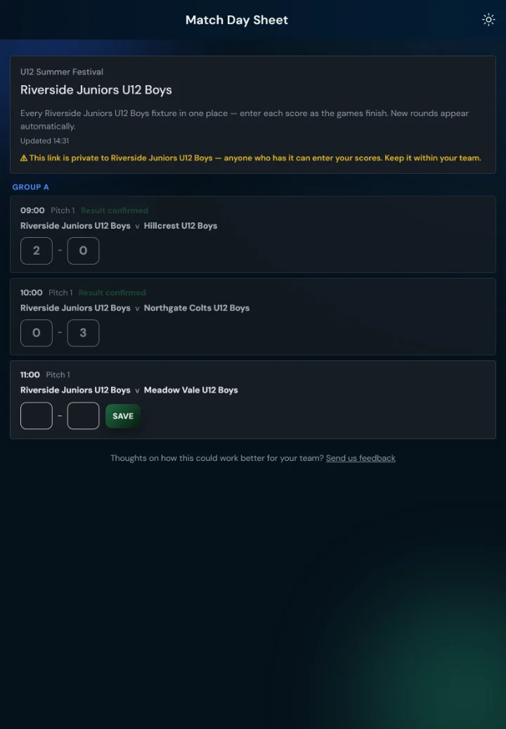 LeagueHub365 team day sheet for a tournament: every game for one team with pitch, kick-off and inline score entry (tablet)