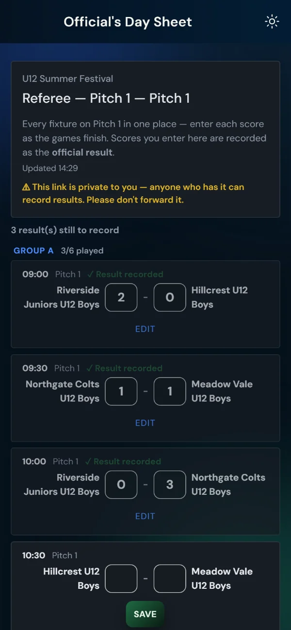 LeagueHub365 referee / pitch marshal sheet: every fixture on one pitch with official score entry (phone)